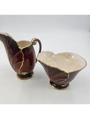 Carlton Ware Rouge Royale Creamer & Sugar Set Gold Trim England Vintage